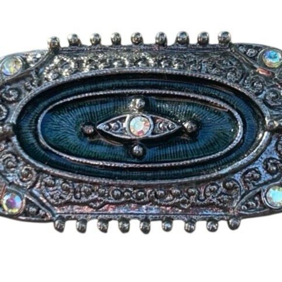 Vintage 1928 Brand Black & Green Enamel Rhinestone Brooch OS Silver-tone Oval - Picture 8 of 8